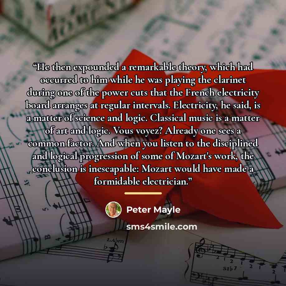 “He then expounded a remarkable theory, which had occurred to him while he was playing the clarinet during one of the power cuts that the French electricity board arranges at regular intervals. Electricity, he said, is a matter of science and logic. Classical music is a matter of art and logic…” quote by Peter Mayle