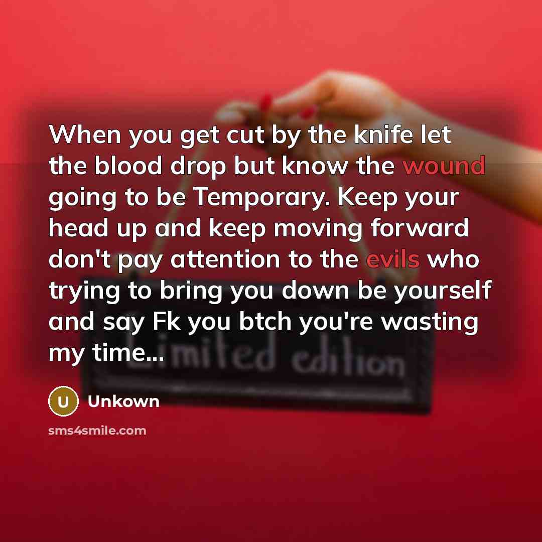 “When you get cut by the knife let the blood drop but know the wound going to be Temporary. Keep your head up and keep moving forward don't pay attention to the evils who trying to bring you down be yourself and say Fk you btch you're wasting my time...” quote by Unkown