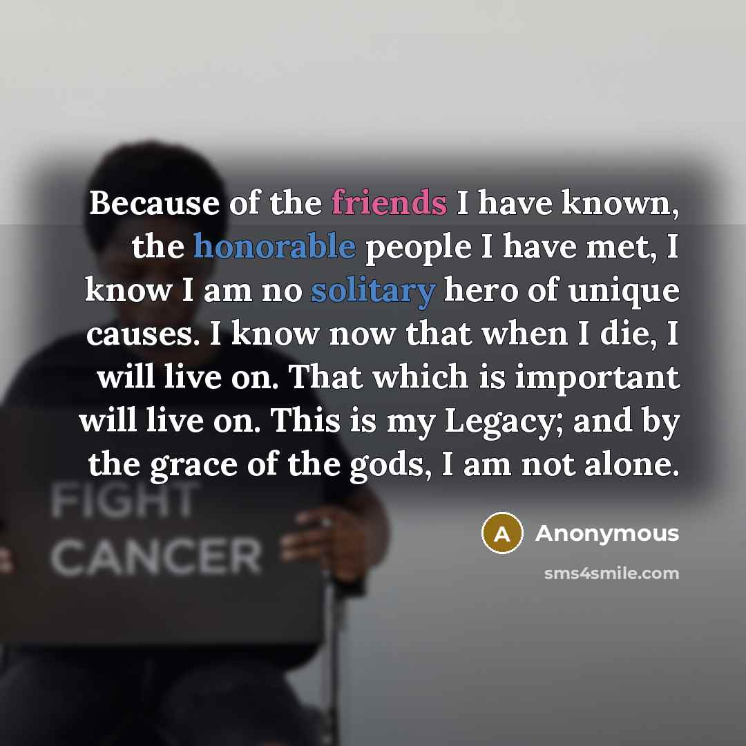 “Because of the friends I have known, the honorable people I have met, I know I am no solitary hero of unique causes. I know now that when I die, I will live on. That which is important will live on. This is my Legacy; and by the grace of the gods, I am not alone.” quote by Anonymous