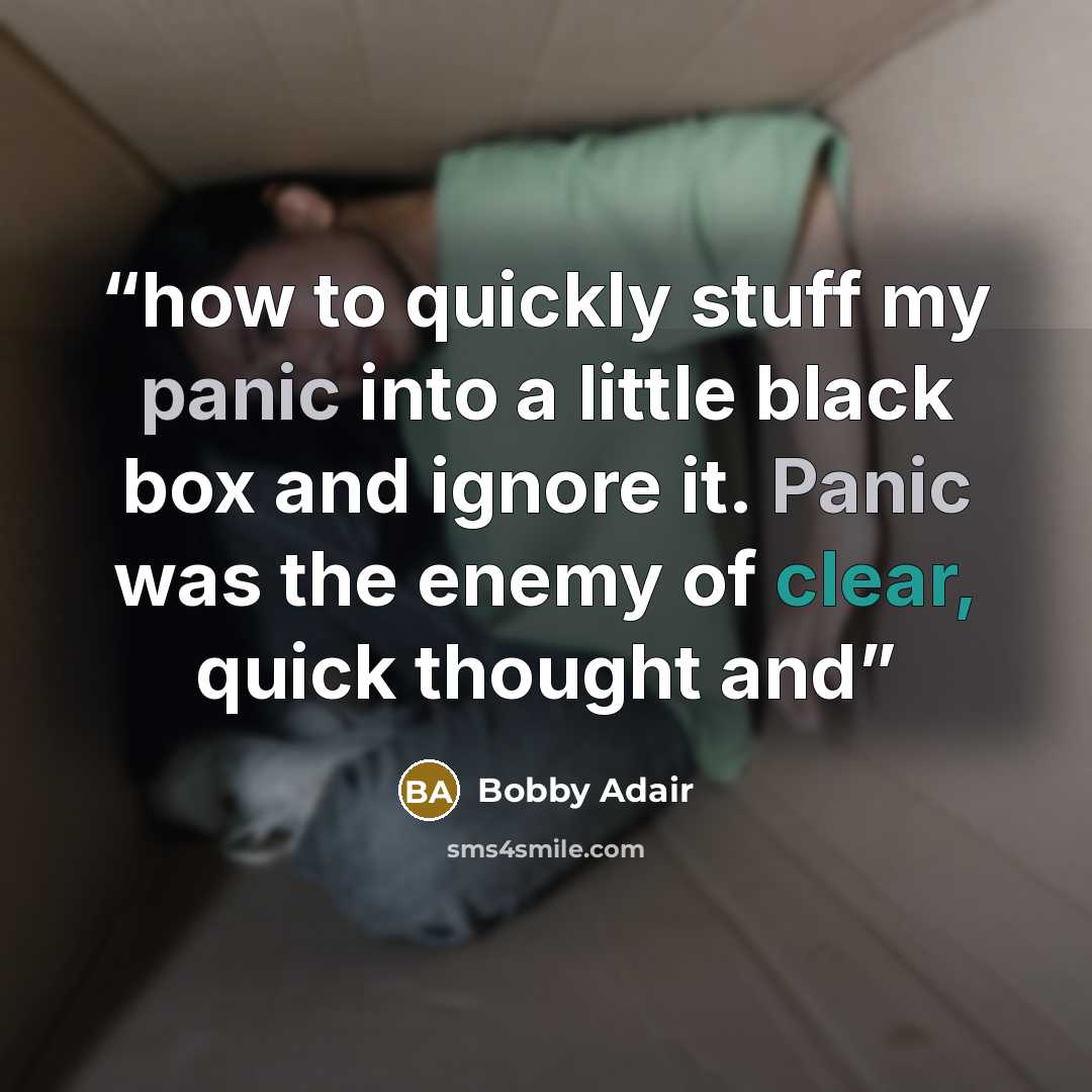 “how to quickly stuff my panic into a little black box and ignore it. Panic was the enemy of clear, quick thought and” quote by Bobby Adair