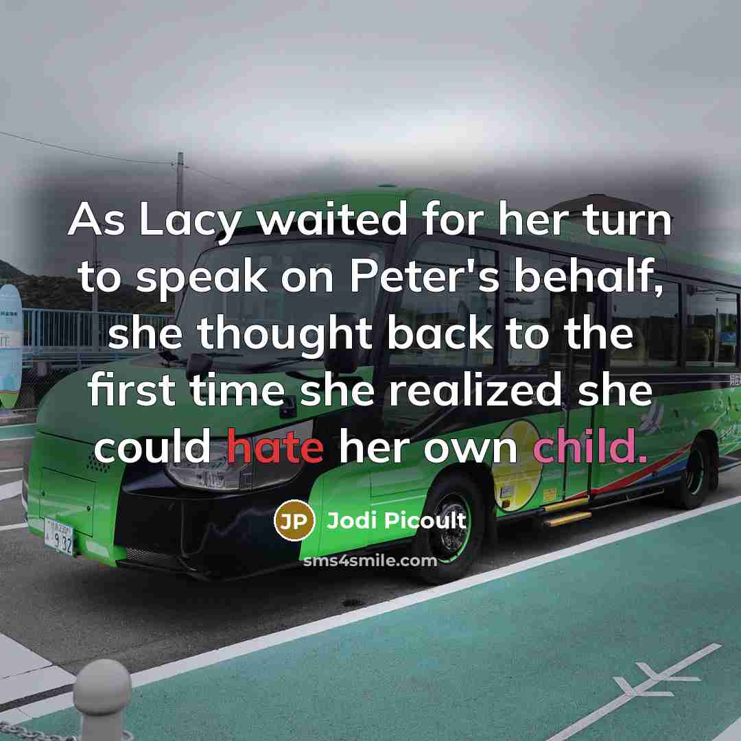 “As Lacy waited for her turn to speak on Peter's behalf, she thought back to the first time she realized she could hate her own child.” quote by Jodi Picoult