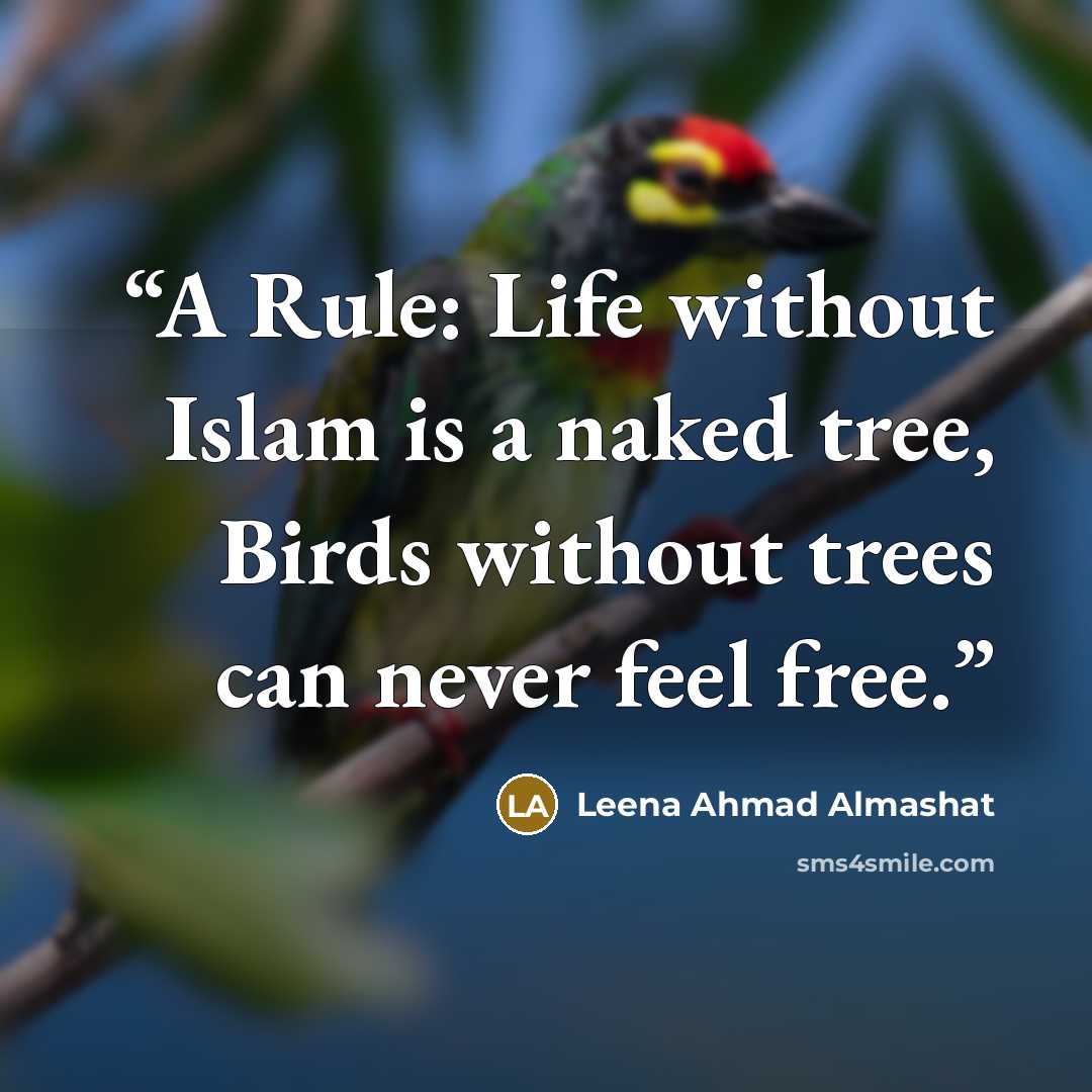 “A Rule: Life without Islam is a naked tree, Birds without trees can never feel free.” quote by Leena Ahmad Almashat