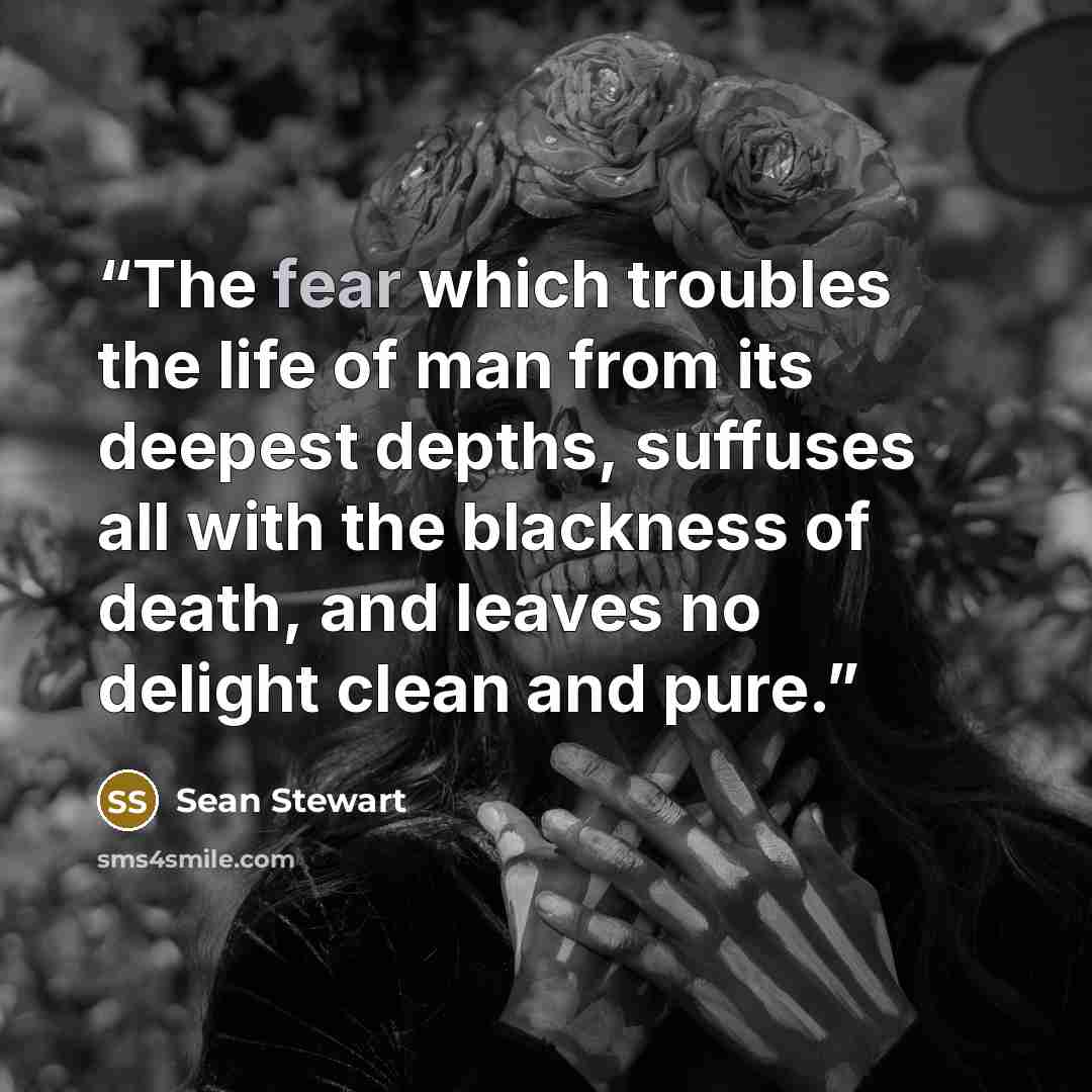 “The fear which troubles the life of man from its deepest depths, suffuses all with the blackness of death, and leaves no delight clean and pure.” quote by Sean Stewart