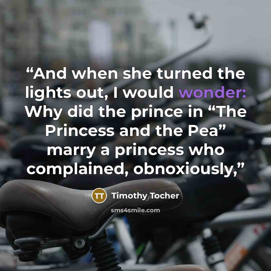 “And when she turned the lights out, I would wonder: Why did the prince in “The Princess and the Pea” marry a princess who complained, obnoxiously,” quote by Timothy Tocher