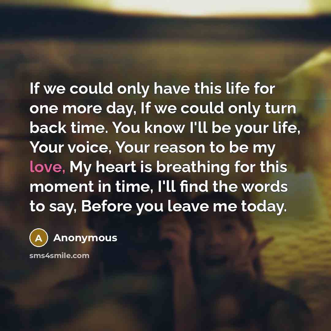 “If we could only have this life for one more day, If we could only turn back time. You know I'll be your life, Your voice, Your reason to be my love, My heart is breathing for this moment in time, I'll find the words to say, Before you leave me today.” quote by Anonymous