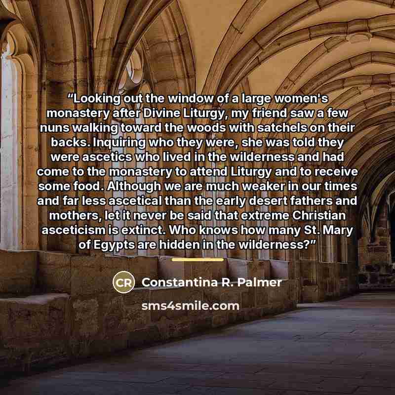 “Looking out the window of a large women's monastery after Divine Liturgy, my friend saw a few nuns walking toward the woods with satchels on their backs. Inquiring who they were, she was told they were ascetics who lived in the wilderness and had come to the monastery to attend Liturgy and to…” quote by Constantina R. Palmer