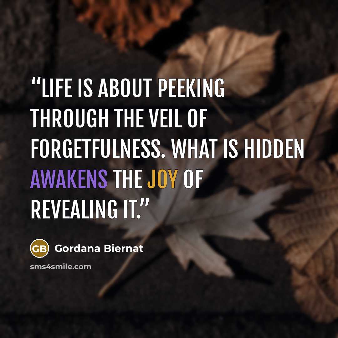 “Life is about peeking through the veil of forgetfulness. What is hidden awakens the joy of revealing it.” quote by Gordana Biernat