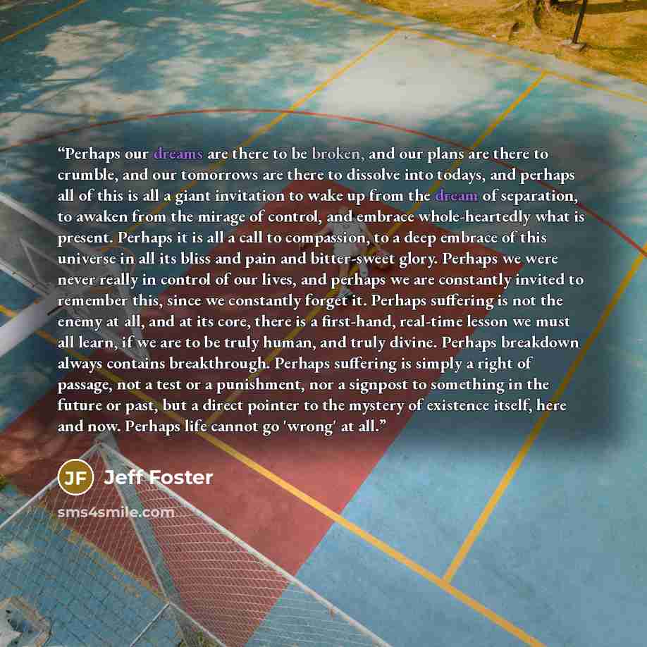 “Perhaps our dreams are there to be broken, and our plans are there to crumble, and our tomorrows are there to dissolve into todays, and perhaps all of this is all a giant invitation to wake up from the dream of separation, to awaken from the mirage of control, and embrace whole-heartedly what is…” quote by Jeff Foster