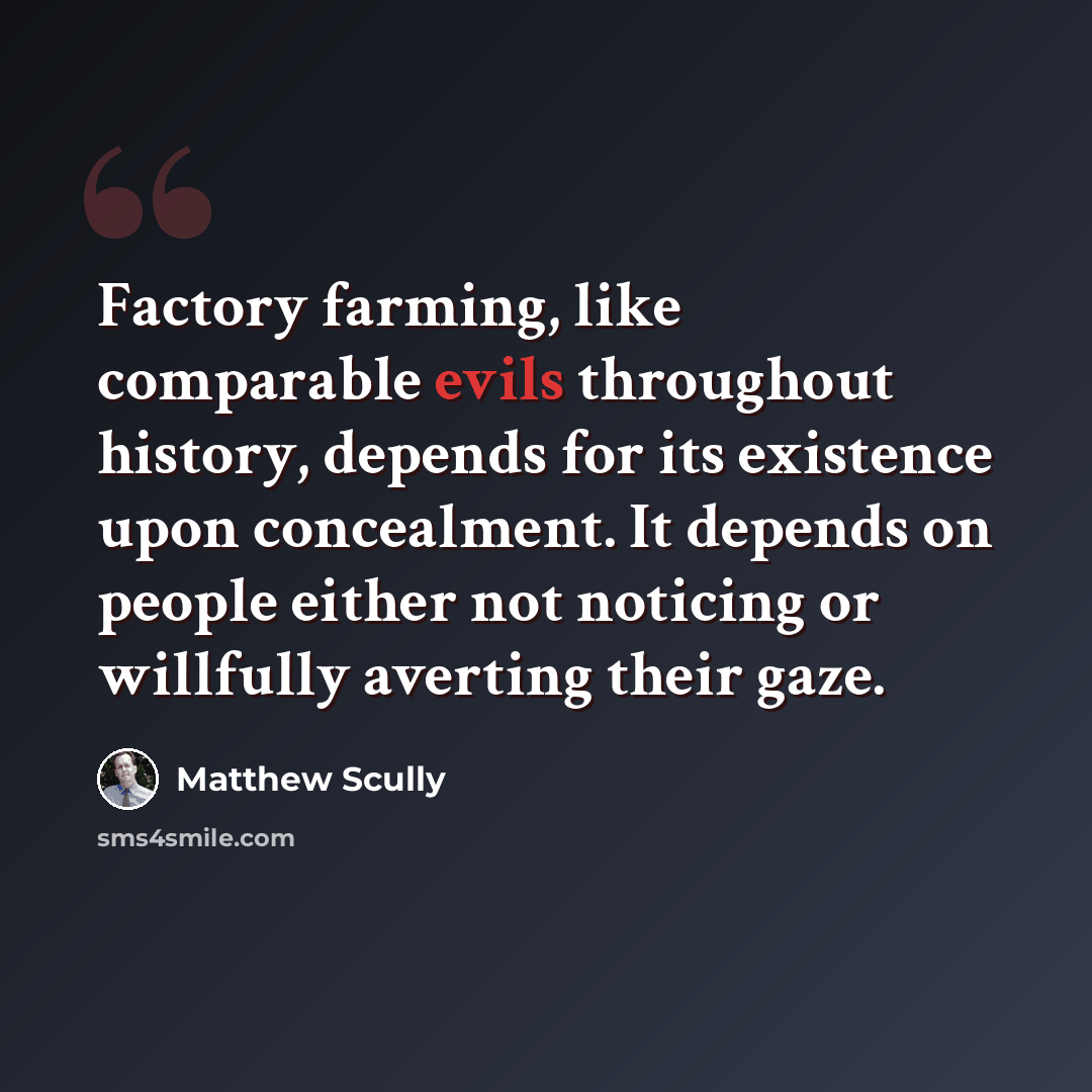 “Factory farming, like comparable evils throughout history, depends for its existence upon concealment. It depends on people either not noticing or willfully averting their gaze.” quote by Matthew Scully