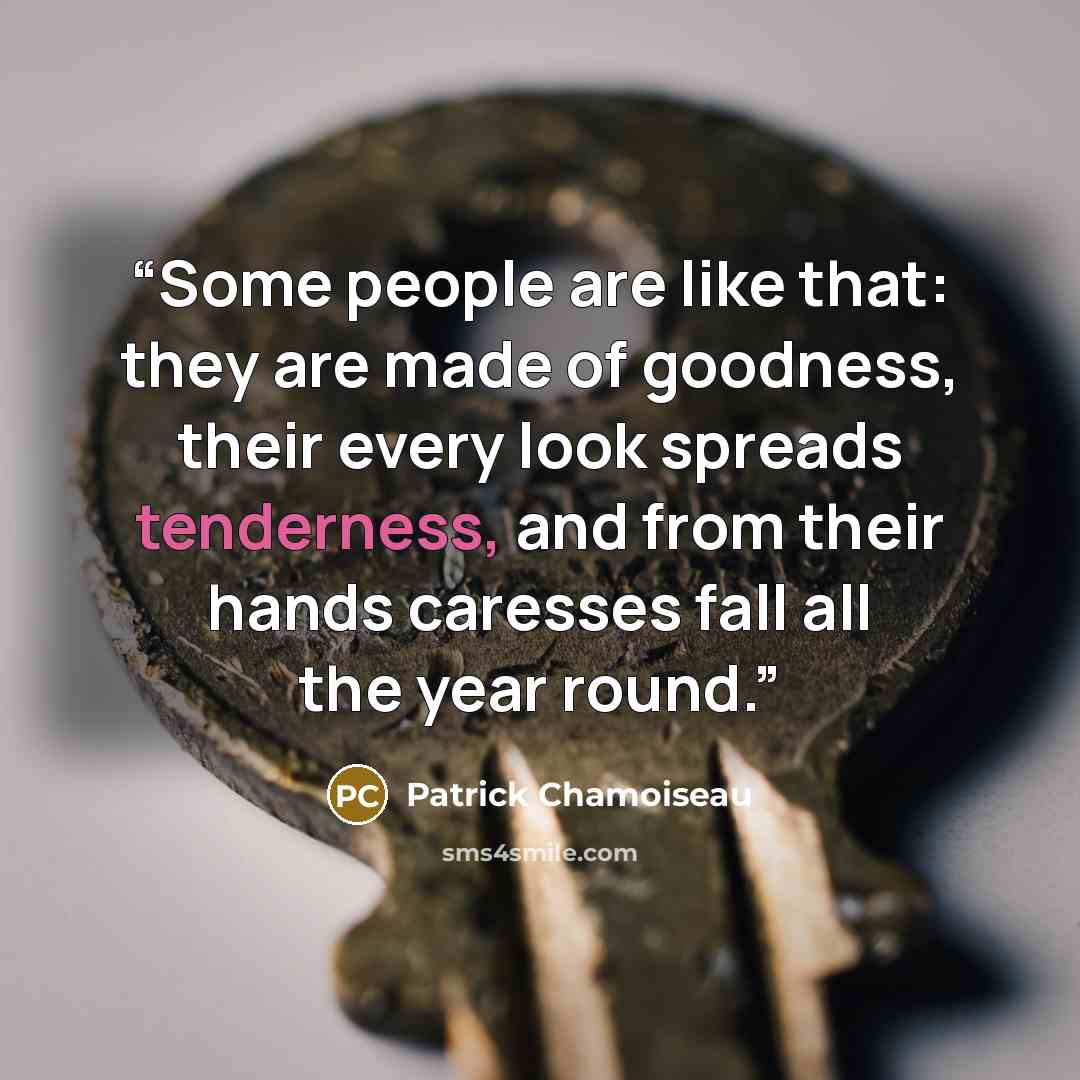 “Some people are like that: they are made of goodness, their every look spreads tenderness, and from their hands caresses fall all the year round.” quote by Patrick Chamoiseau