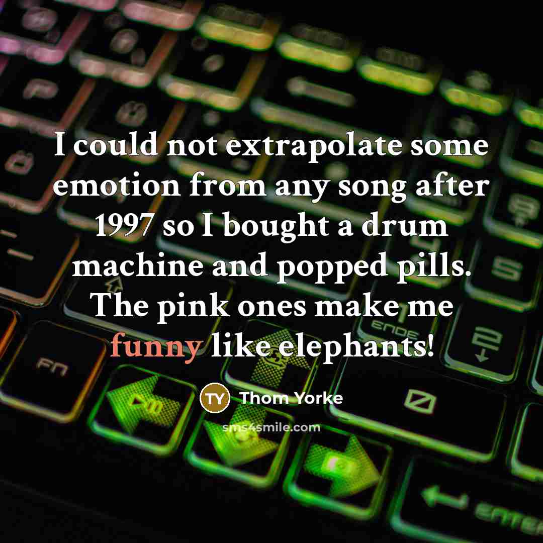 “I could not extrapolate some emotion from any song after 1997 so I bought a drum machine and popped pills. The pink ones make me funny like elephants!” quote by Thom Yorke