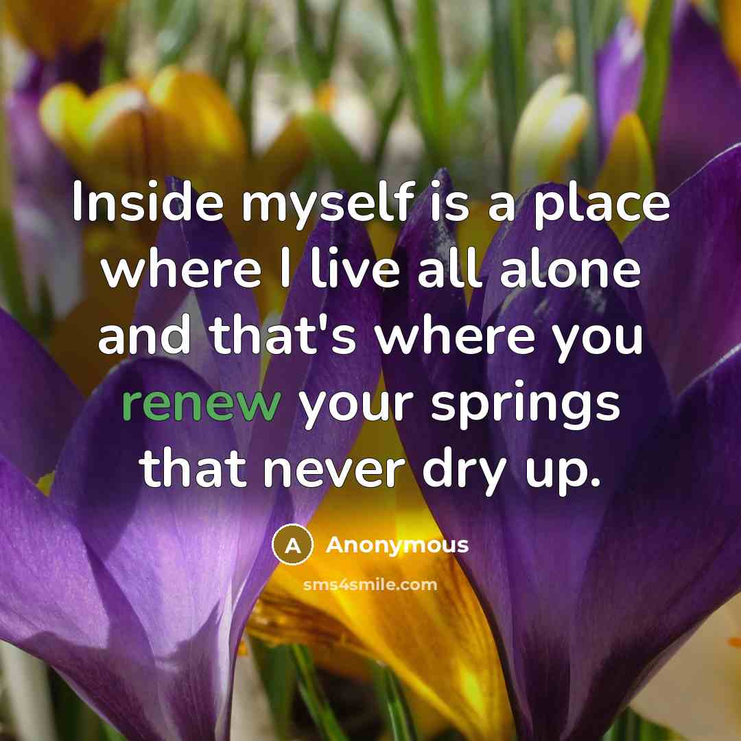 “Inside myself is a place where I live all alone and that's where you renew your springs that never dry up.” quote by Anonymous