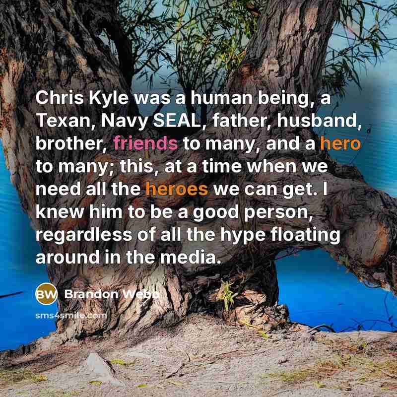 “Chris Kyle was a human being, a Texan, Navy SEAL, father, husband, brother, friends to many, and a hero to many; this, at a time when we need all the heroes we can get. I knew him to be a good person, regardless of all the hype floating around in the media.” quote by Brandon Webb