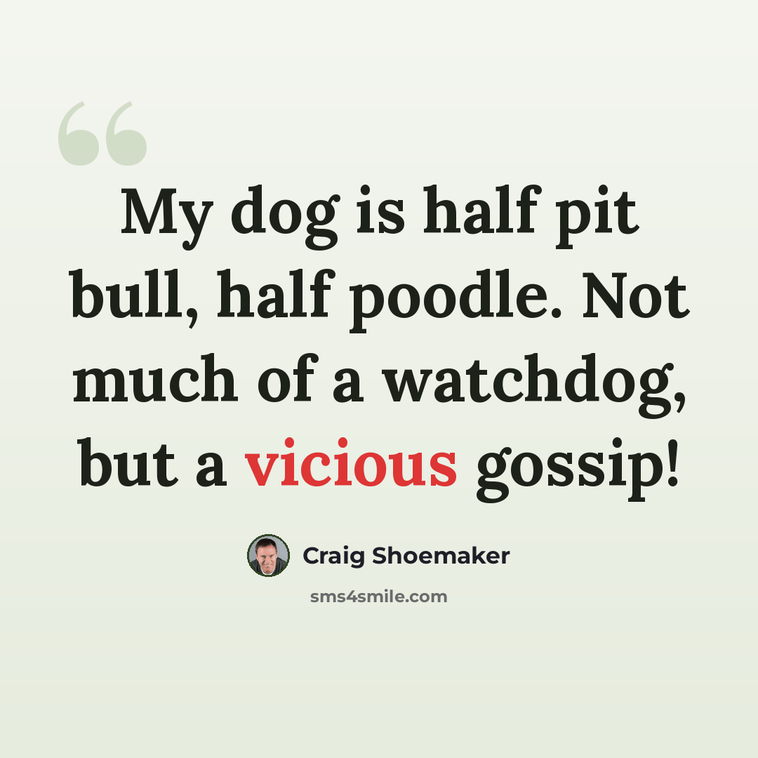 “My dog is half pit bull, half poodle. Not much of a watchdog, but a vicious gossip!” quote by Craig Shoemaker