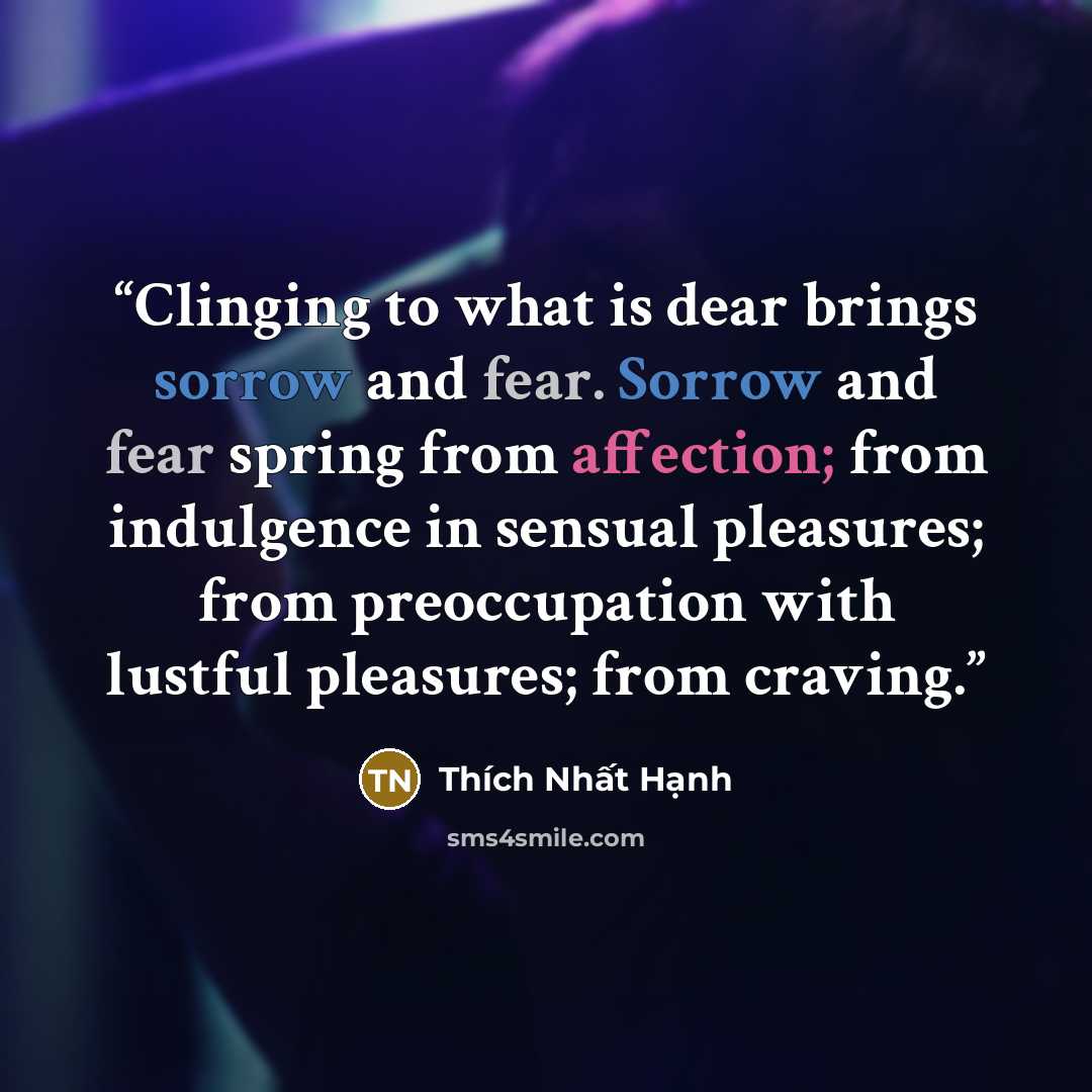 “Clinging to what is dear brings sorrow and fear. Sorrow and fear spring from affection; from indulgence in sensual pleasures; from preoccupation with lustful pleasures; from craving.” quote by Thích Nhất Hạnh