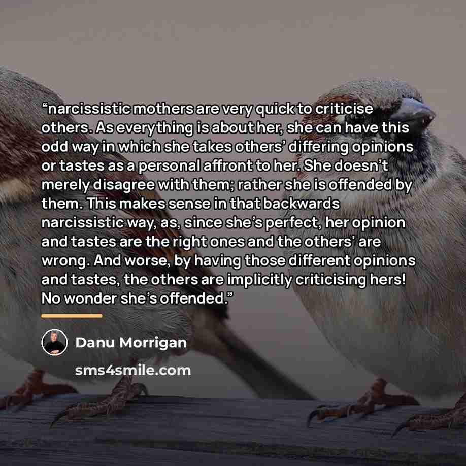 “narcissistic mothers are very quick to criticise others. As everything is about her, she can have this odd way in which she takes others’ differing opinions or tastes as a personal affront to her. She doesn’t merely disagree with them; rather she is offended by them. This makes sense in that…” quote by Danu Morrigan