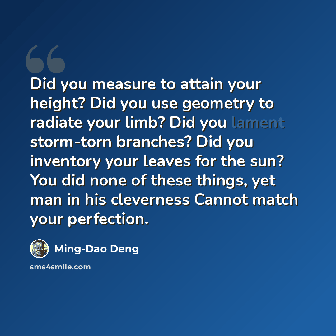 “Did you measure to attain your height? Did you use geometry to radiate your limb? Did you lament storm-torn branches? Did you inventory your leaves for the sun? You did none of these things, yet man in his cleverness Cannot match your perfection.” quote by Ming-Dao Deng