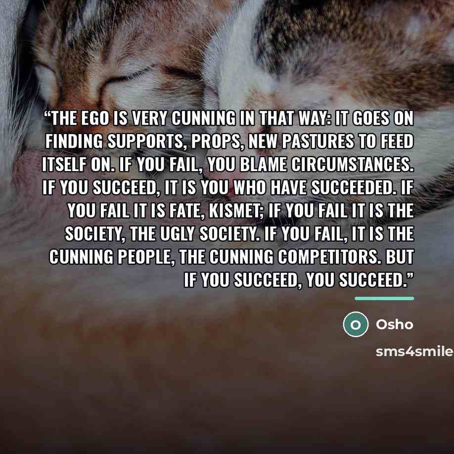 “The ego is very cunning in that way: it goes on finding supports, props, new pastures to feed itself on. If you fail, you blame circumstances. If you succeed, it is you who have succeeded. If you fail it is fate, kismet; if you fail it is the society, the ugly society. If you fail, it is the…” quote by Osho
