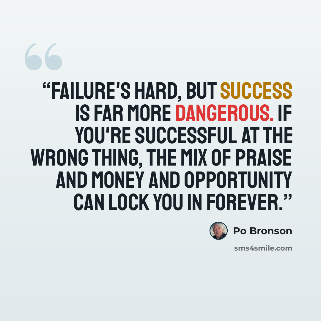 “Failure's hard, but success is far more dangerous. If you're successful at the wrong thing, the mix of praise and money and opportunity can lock you in forever.” quote by Po Bronson
