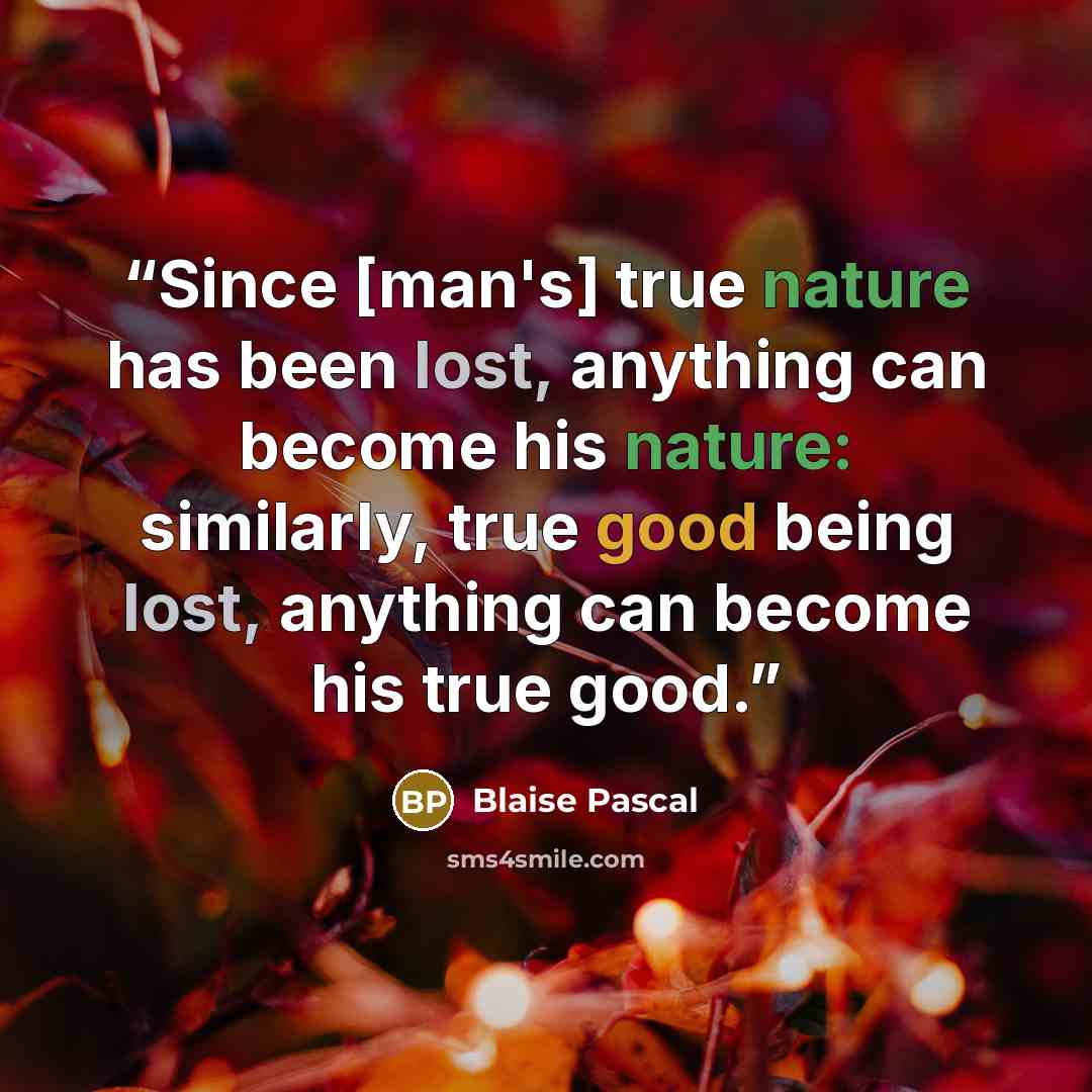 “Since [man's] true nature has been lost, anything can become his nature: similarly, true good being lost, anything can become his true good.” quote by Blaise Pascal
