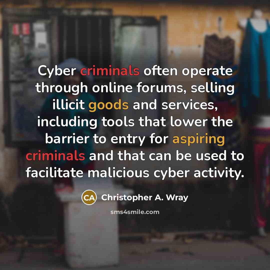 “Cyber criminals often operate through online forums, selling illicit goods and services, including tools that lower the barrier to entry for aspiring criminals and that can be used to facilitate malicious cyber activity.” quote by Christopher A. Wray