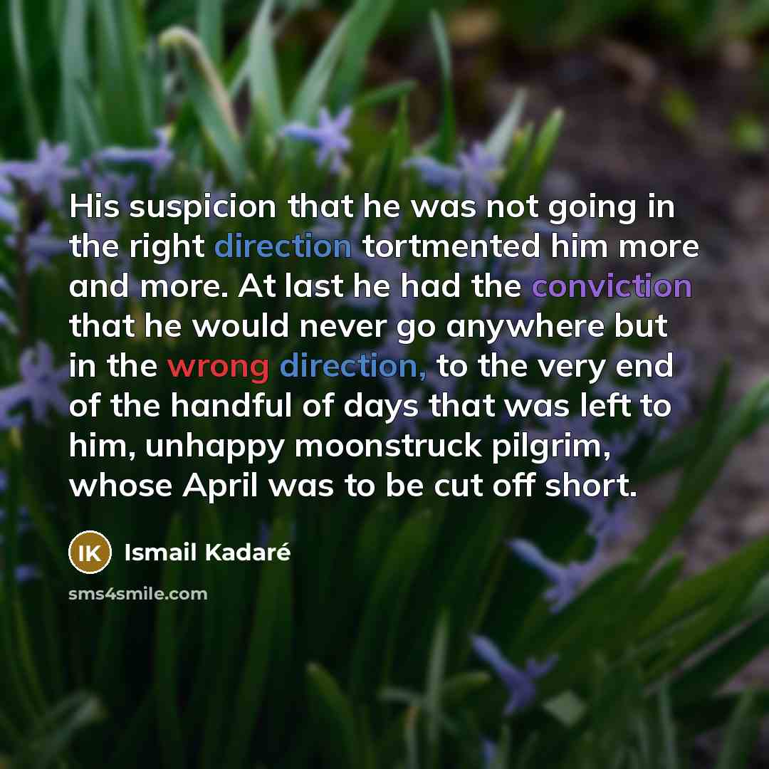 “His suspicion that he was not going in the right direction tortmented him more and more. At last he had the conviction that he would never go anywhere but in the wrong direction, to the very end of the handful of days that was left to him, unhappy moonstruck pilgrim, whose April was to be cut off…” quote by Ismail Kadaré
