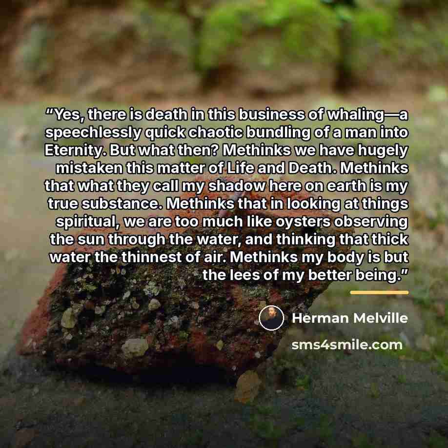 “Yes, there is death in this business of whaling—a speechlessly quick chaotic bundling of a man into Eternity. But what then? Methinks we have hugely mistaken this matter of Life and Death. Methinks that what they call my shadow here on earth is my true substance. Methinks that in looking at things…” quote by Herman Melville