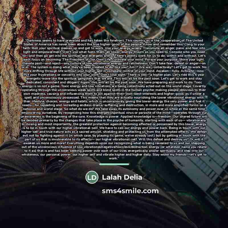 “Darkness seems to have prevailed and has taken the forefront. This country as in the 'cooperation' of The United States of America has never been about the true higher-good of the people. Know and remember this. Cling to your faith. Roll your spiritual sleeves up and get to work. Use your energy…” quote by Lalah Delia