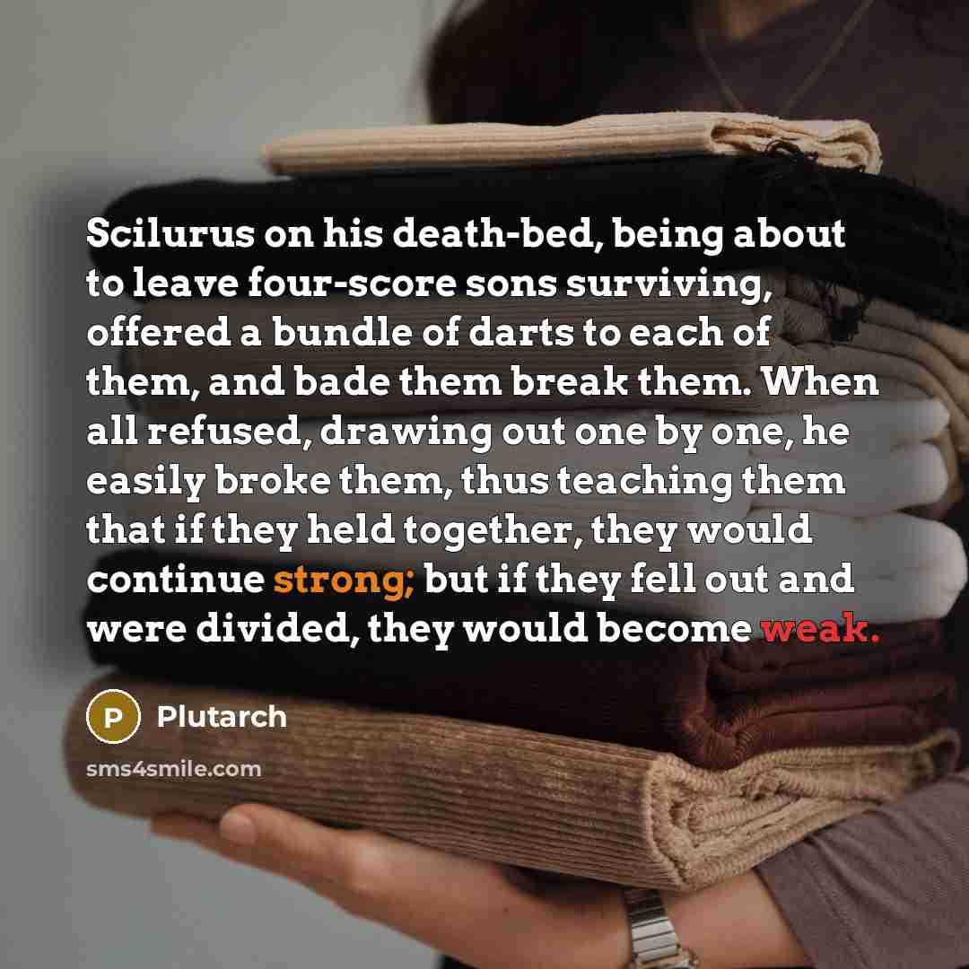 “Scilurus on his death-bed, being about to leave four-score sons surviving, offered a bundle of darts to each of them, and bade them break them. When all refused, drawing out one by one, he easily broke them, thus teaching them that if they held together, they would continue strong; but if they…” quote by Plutarch