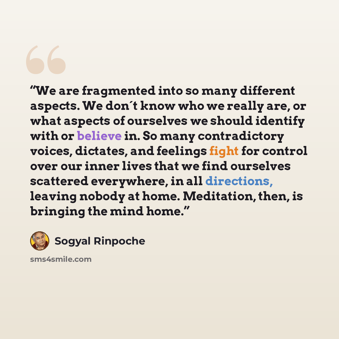 “We are fragmented into so many different aspects. We don´t know who we really are, or what aspects of ourselves we should identify with or believe in. So many contradictory voices, dictates, and feelings fight for control over our inner lives that we find ourselves scattered everywhere, in all…” quote by Sogyal Rinpoche