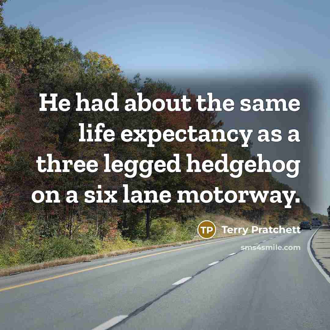“He had about the same life expectancy as a three legged hedgehog on a six lane motorway.” quote by Terry Pratchett