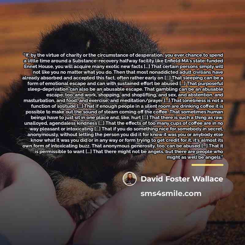 “If, by the virtue of charity or the circumstance of desperation, you ever chance to spend a little time around a Substance-recovery halfway facility like Enfield MA's state-funded Ennet House, you will acquire many exotic new facts [...] That certain persons simply will not like you no matter what…” quote by David Foster Wallace