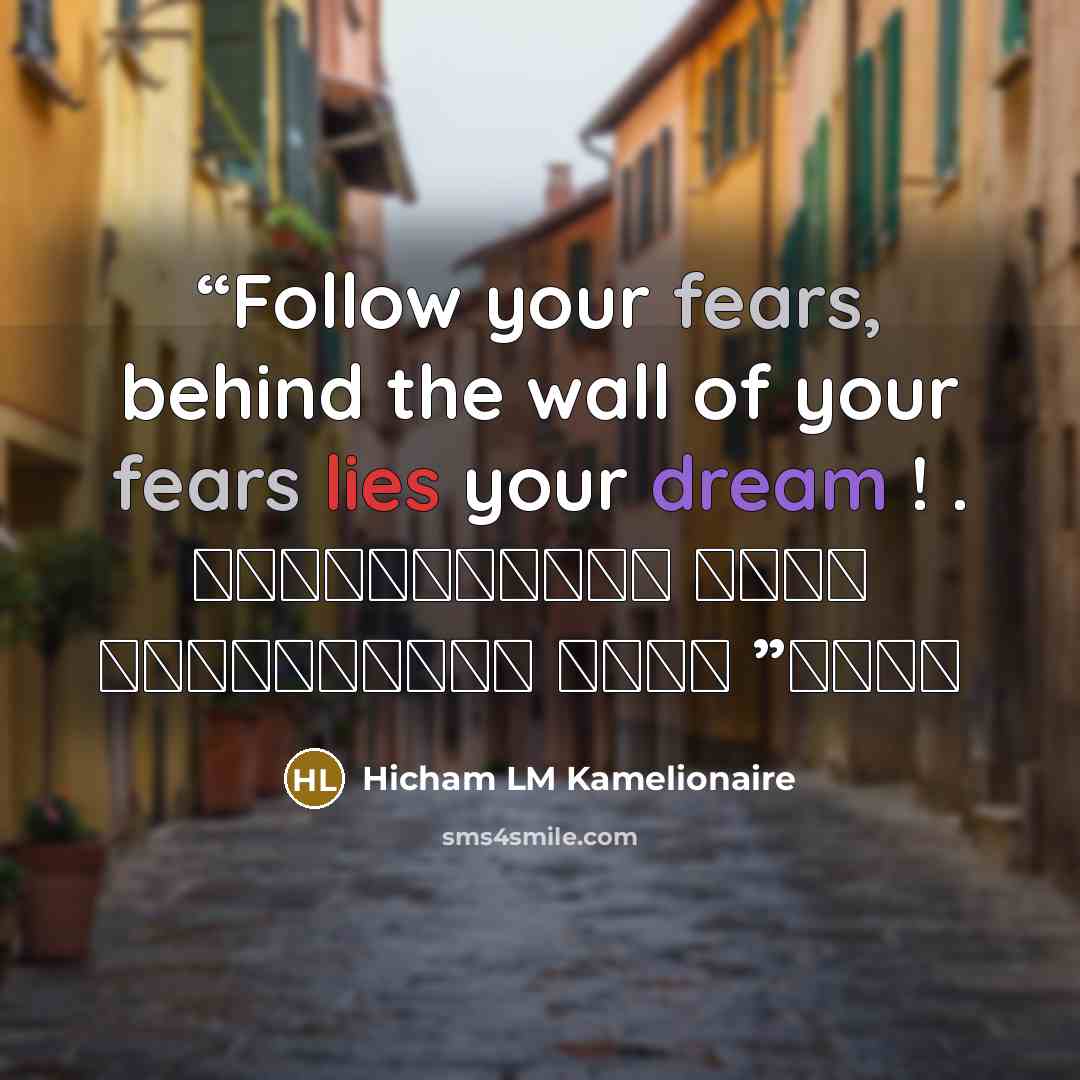 “Follow your fears, behind the wall of your fears lies your dream ! . إتبع مخاوفك، وراء جدار مخاوفك يكمن حلمك” quote by Hicham LM Kamelionaire