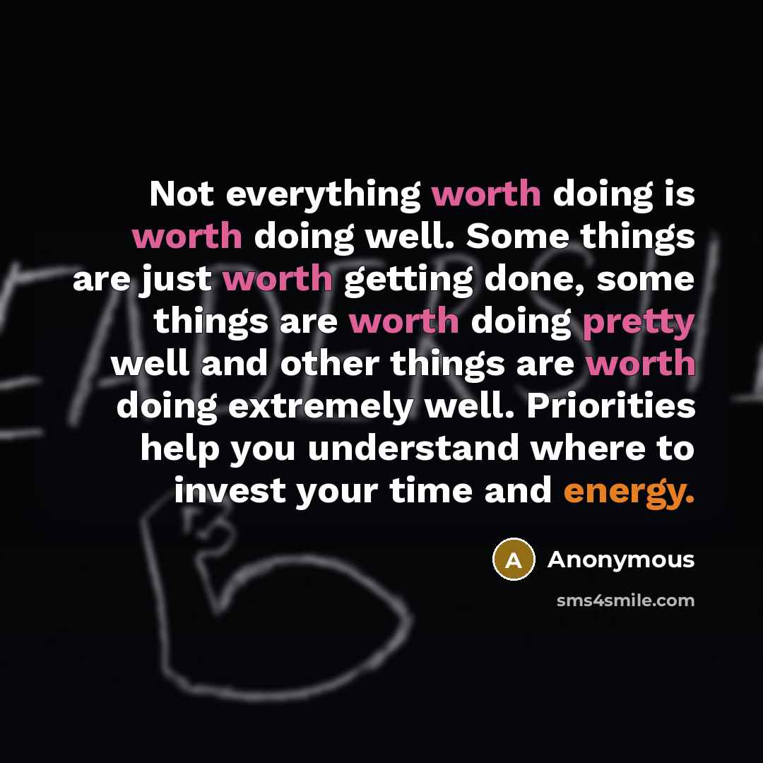 “Not everything worth doing is worth doing well. Some things are just worth getting done, some things are worth doing pretty well and other things are worth doing extremely well. Priorities help you understand where to invest your time and energy.” quote by Anonymous