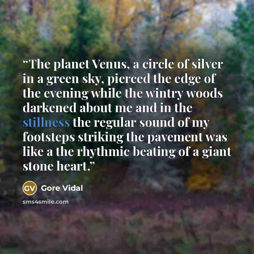“The planet Venus, a circle of silver in a green sky, pierced the edge of the evening while the wintry woods darkened about me and in the stillness the regular sound of my footsteps striking the pavement was like a the rhythmic beating of a giant stone heart.” quote by Gore Vidal