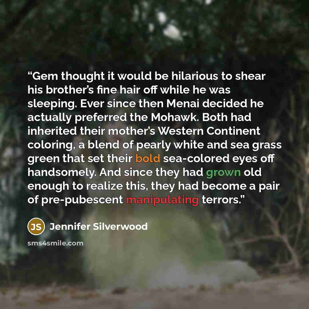 “Gem thought it would be hilarious to shear his brother’s fine hair off while he was sleeping. Ever since then Menai decided he actually preferred the Mohawk. Both had inherited their mother’s Western Continent coloring, a blend of pearly white and sea grass green that set their bold sea-colored…” quote by Jennifer Silverwood