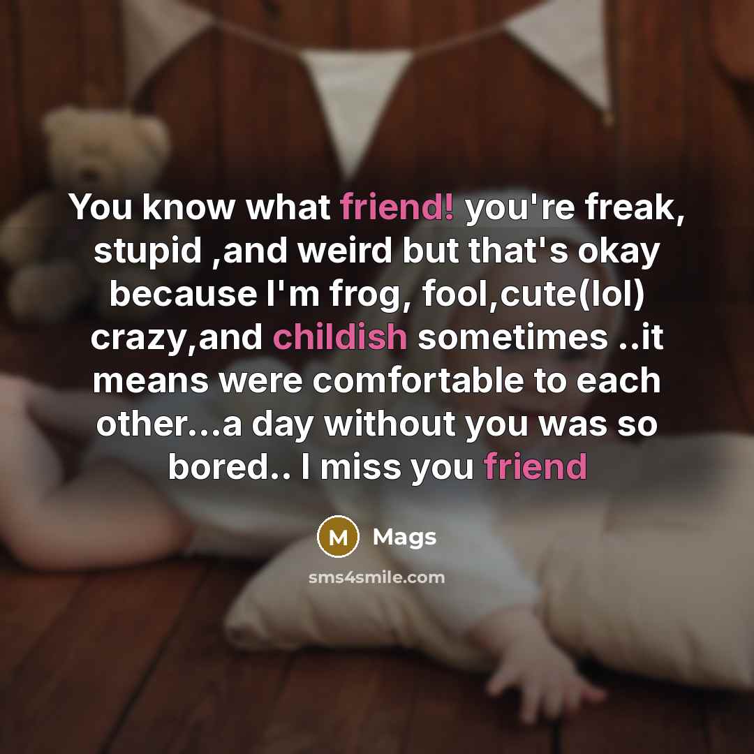 “You know what friend! you're freak, stupid ,and weird but that's okay because I'm frog, fool,cute(lol) crazy,and childish sometimes ..it means were comfortable to each other...a day without you was so bored.. I miss you friend” quote by Mags