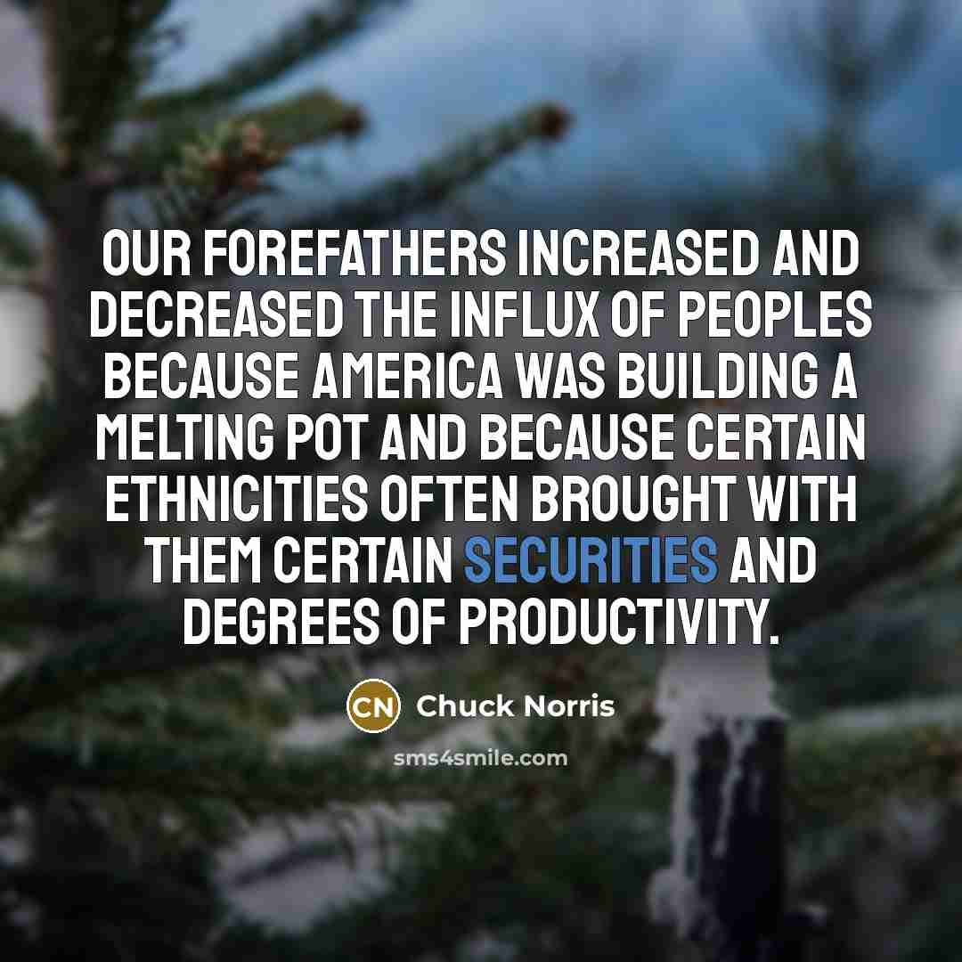 “Our forefathers increased and decreased the influx of peoples because America was building a melting pot and because certain ethnicities often brought with them certain securities and degrees of productivity.” quote by Chuck Norris