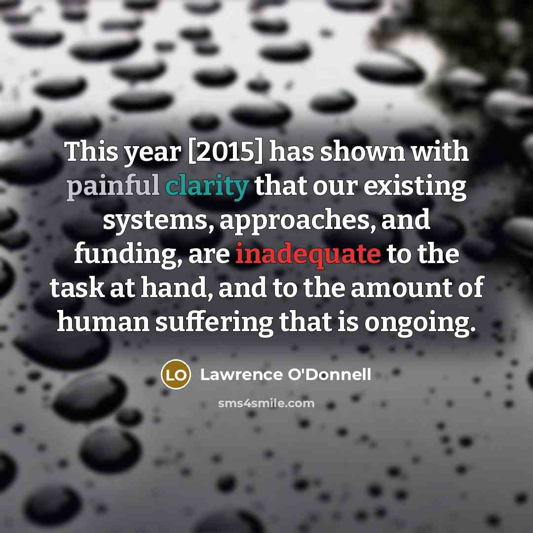 “This year [2015] has shown with painful clarity that our existing systems, approaches, and funding, are inadequate to the task at hand, and to the amount of human suffering that is ongoing.” quote by Lawrence O'Donnell
