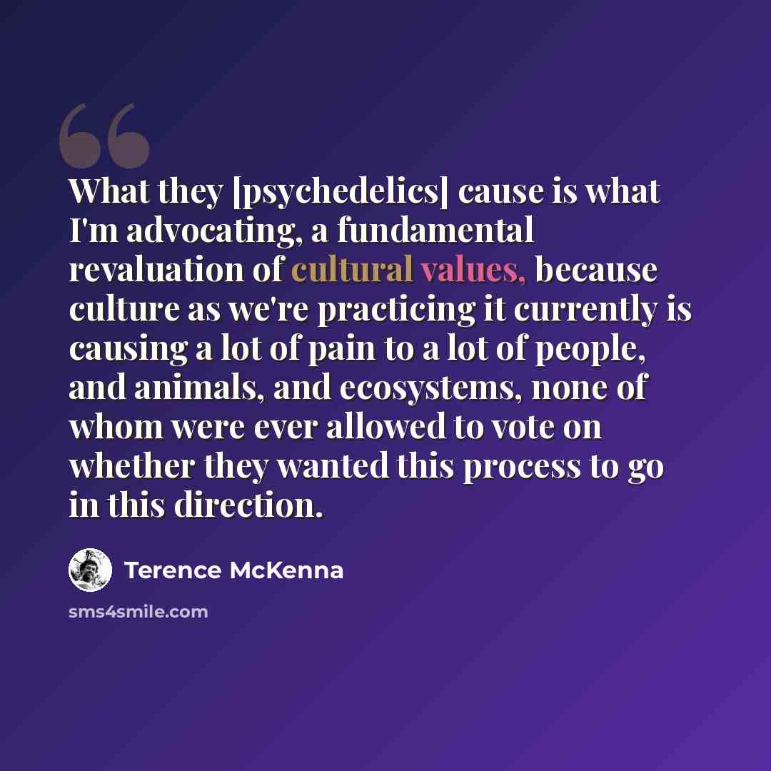 “What they [psychedelics] cause is what I'm advocating, a fundamental revaluation of cultural values, because culture as we're practicing it currently is causing a lot of pain to a lot of people, and animals, and ecosystems, none of whom were ever allowed to vote on whether they wanted this process…” quote by Terence McKenna