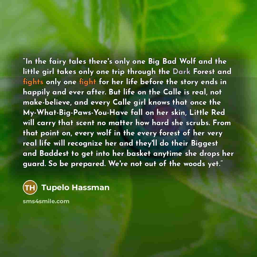 “In the fairy tales there's only one Big Bad Wolf and the little girl takes only one trip through the Dark Forest and fights only one fight for her life before the story ends in happily and ever after. But life on the Calle is real, not make-believe, and every Calle girl knows that once the…” quote by Tupelo Hassman