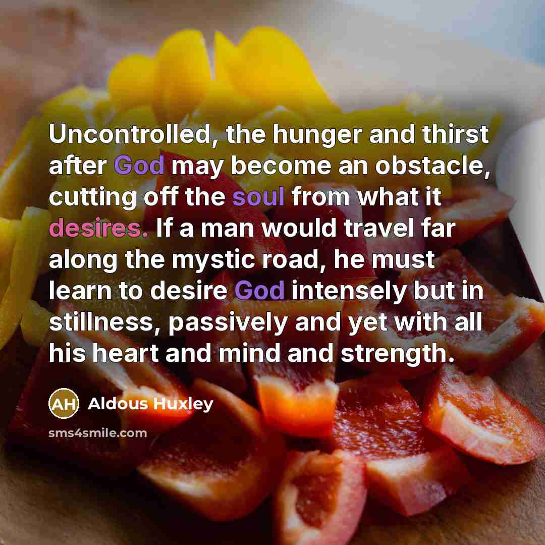 “Uncontrolled, the hunger and thirst after God may become an obstacle, cutting off the soul from what it desires. If a man would travel far along the mystic road, he must learn to desire God intensely but in stillness, passively and yet with all his heart and mind and strength.” quote by Aldous Huxley