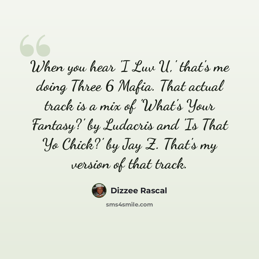 “When you hear 'I Luv U,' that's me doing Three 6 Mafia. That actual track is a mix of 'What's Your Fantasy?' by Ludacris and 'Is That Yo Chick?' by Jay Z. That's my version of that track.” quote by Dizzee Rascal