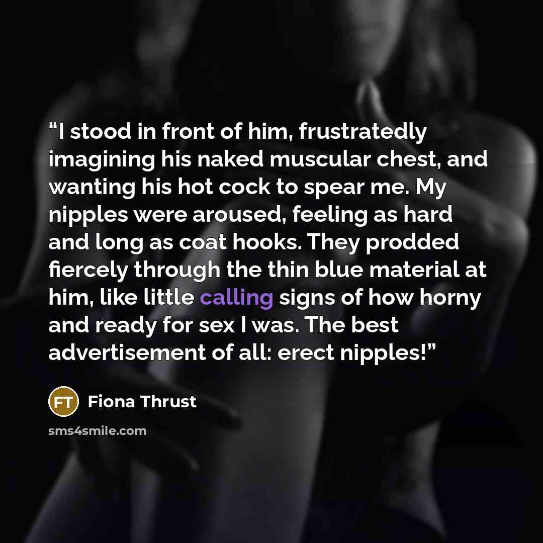 “I stood in front of him, frustratedly imagining his naked muscular chest, and wanting his hot cock to spear me. My nipples were aroused, feeling as hard and long as coat hooks. They prodded fiercely through the thin blue material at him, like little calling signs of how horny and ready for sex I…” quote by Fiona Thrust