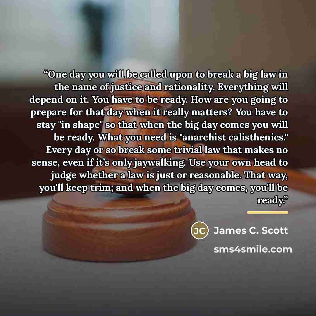 “One day you will be called upon to break a big law in the name of justice and rationality. Everything will depend on it. You have to be ready. How are you going to prepare for that day when it really matters? You have to stay "in shape" so that when the big day comes you will be ready. What you…” quote by James C. Scott