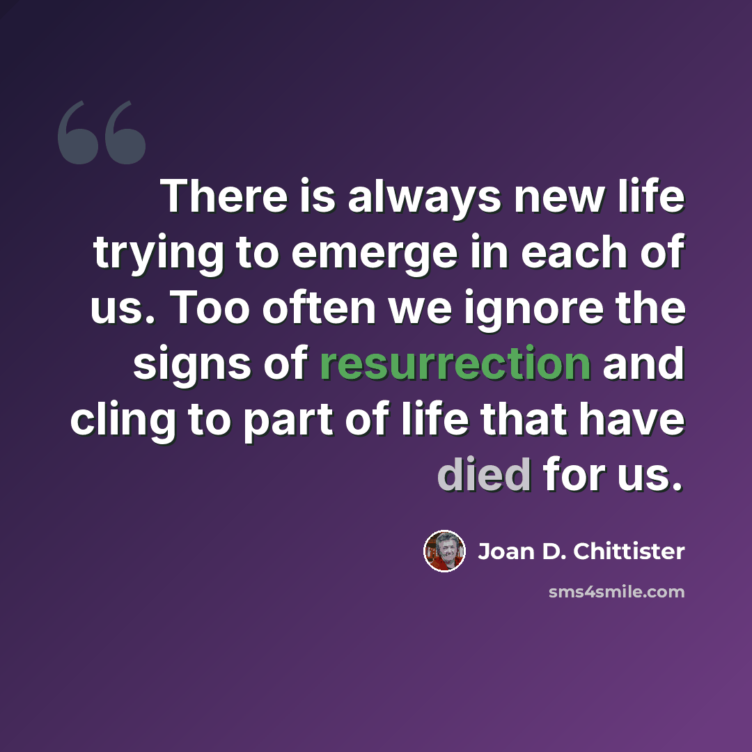 “There is always new life trying to emerge in each of us. Too often we ignore the signs of resurrection and cling to part of life that have died for us.” quote by Joan D. Chittister