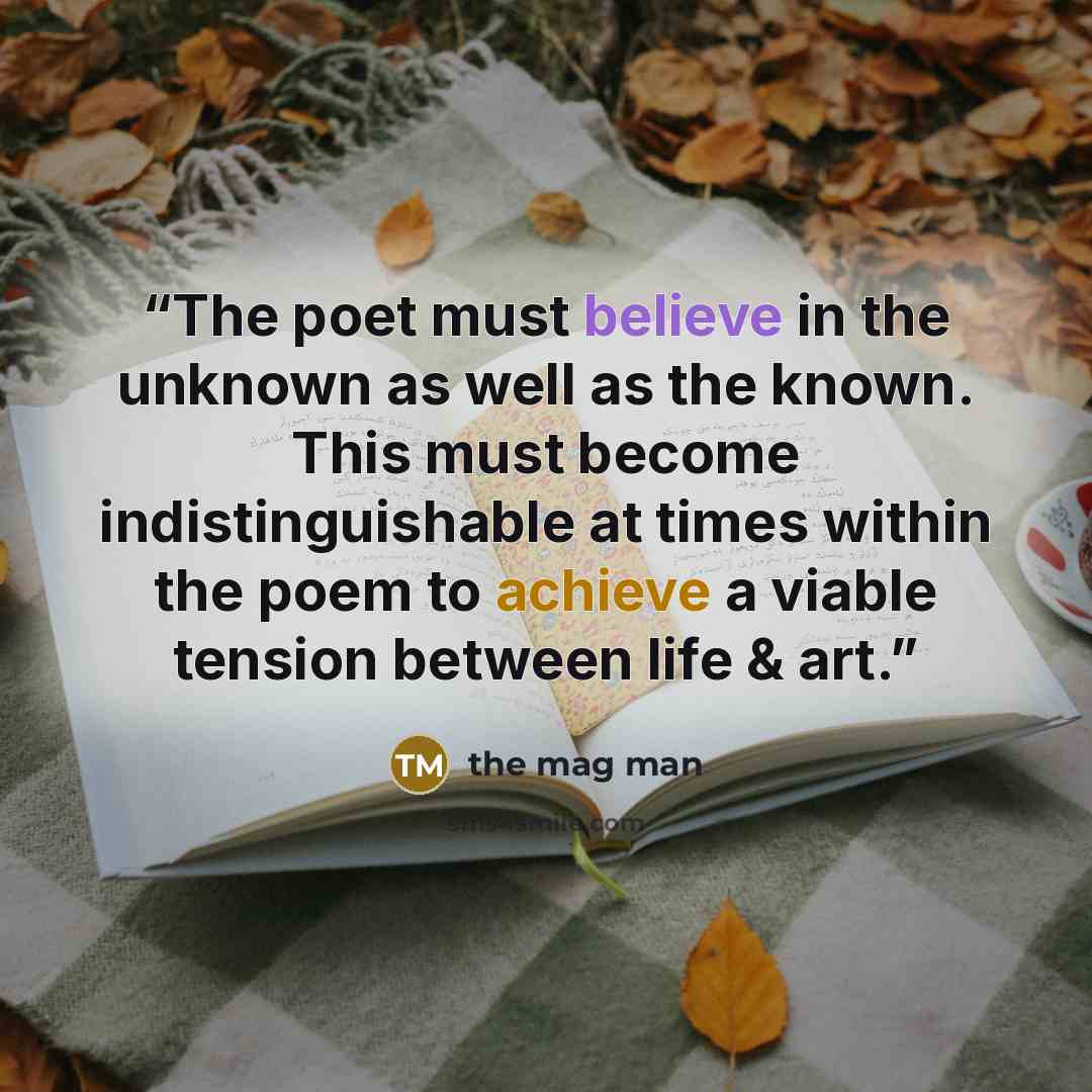 “The poet must believe in the unknown as well as the known. This must become indistinguishable at times within the poem to achieve a viable tension between life & art.” quote by the mag man
