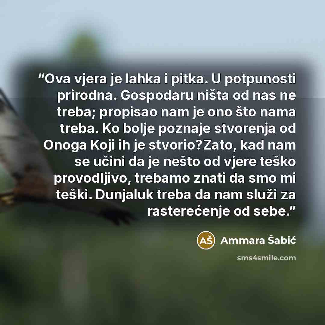 “Ova vjera je lahka i pitka. U potpunosti prirodna. Gospodaru ništa od nas ne treba; propisao nam je ono što nama treba. Ko bolje poznaje stvorenja od Onoga Koji ih je stvorio?Zato, kad nam se učini da je nešto od vjere teško provodljivo, trebamo znati da smo mi teški. Dunjaluk treba da nam služi…” quote by Ammara Šabić