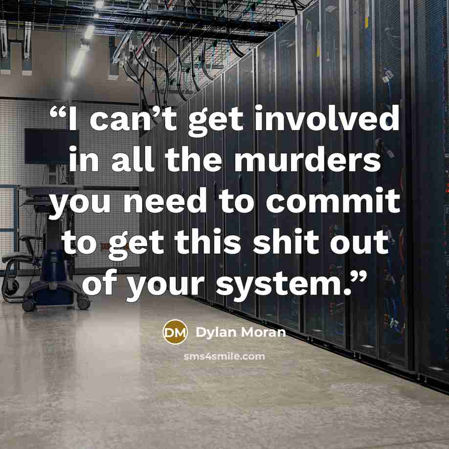 “I can’t get involved in all the murders you need to commit to get this shit out of your system.” quote by Dylan Moran
