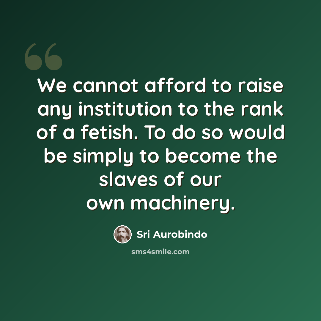 “We cannot afford to raise any institution to the rank of a fetish. To do so would be simply to become the slaves of our own machinery.” quote by Sri Aurobindo